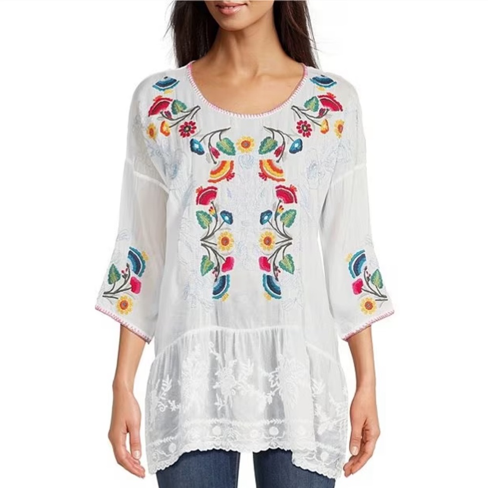 JOHNNY WAS Cherie Floral Embroidery Crew Neck 3/4 Sleeve Sheer Tunic